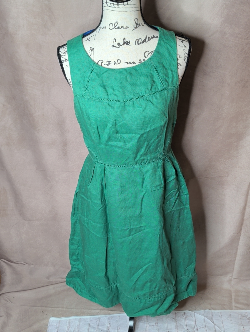 Boden Zoe Green Linen Fit & Flare Eyelet Detail Midi Dress Size 6 Long